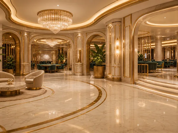 Luxurious hall with golden lights, chandeliers, marble floors and green seats