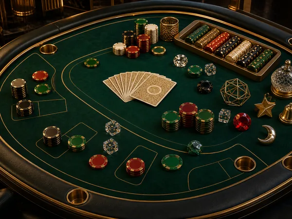 Playing cards, colorful chips, dice, jewels and golden ornament on green round gaming table