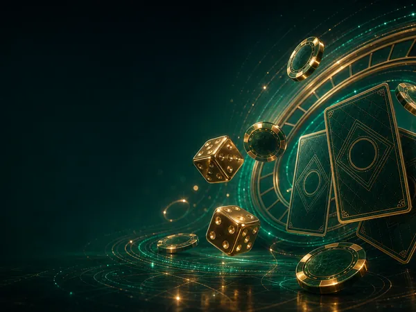Floating gold dice, green-gold chips and card backs on a dark green background