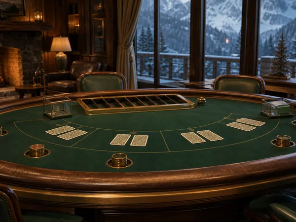 A deck of cards and small chips on a green round table in front of a mountain cabin window